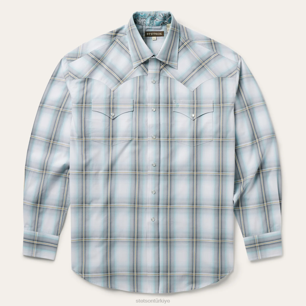 Stetson gökyüzü ombre ekose batı gömlek gri erkekler giyim B4FZ302