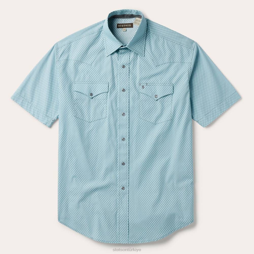 Stetson gümüş elmas düzgün desenli kısa kollu batılı gömlek mavi erkekler giyim B4FZ304