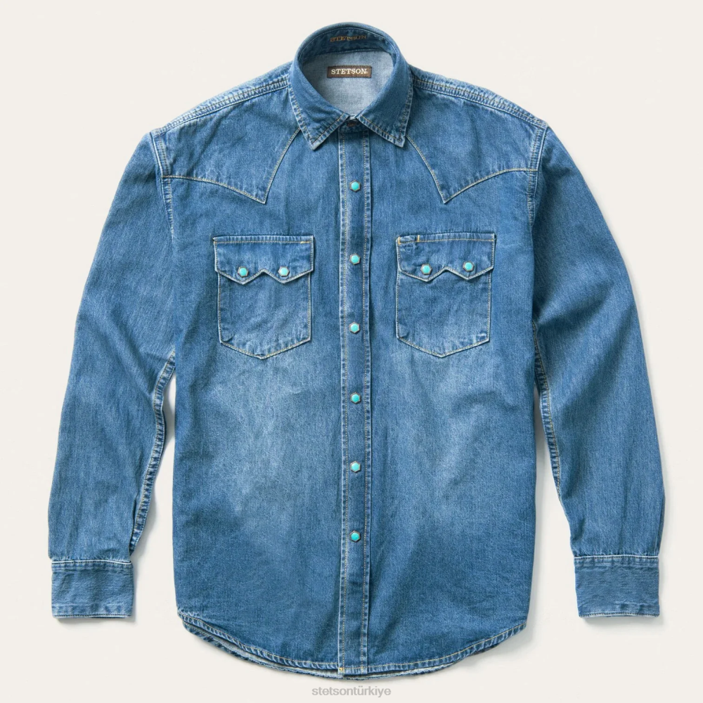 Stetson turkuaz çıtçıtlı batı denim gömlek mavi erkekler giyim B4FZ297