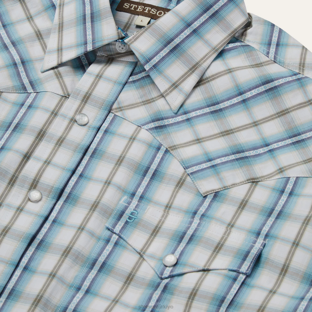 Stetson vintage turkuaz ekose gömlek mavi erkekler giyim B4FZ349