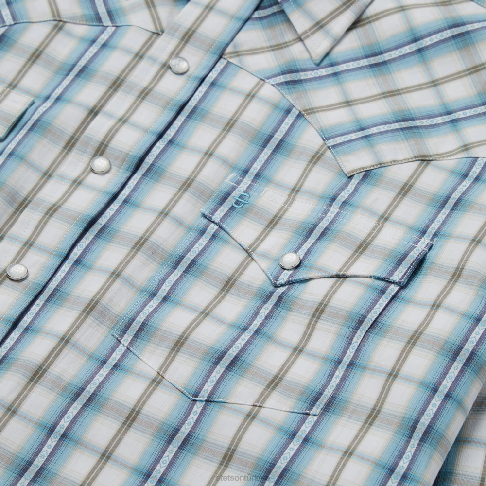 Stetson vintage turkuaz ekose gömlek mavi erkekler giyim B4FZ349