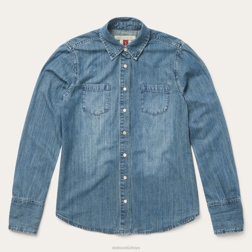 Stetson denim önü çıtçıtlı batılı gömlek mavi kadınlar giyim B4FZ465