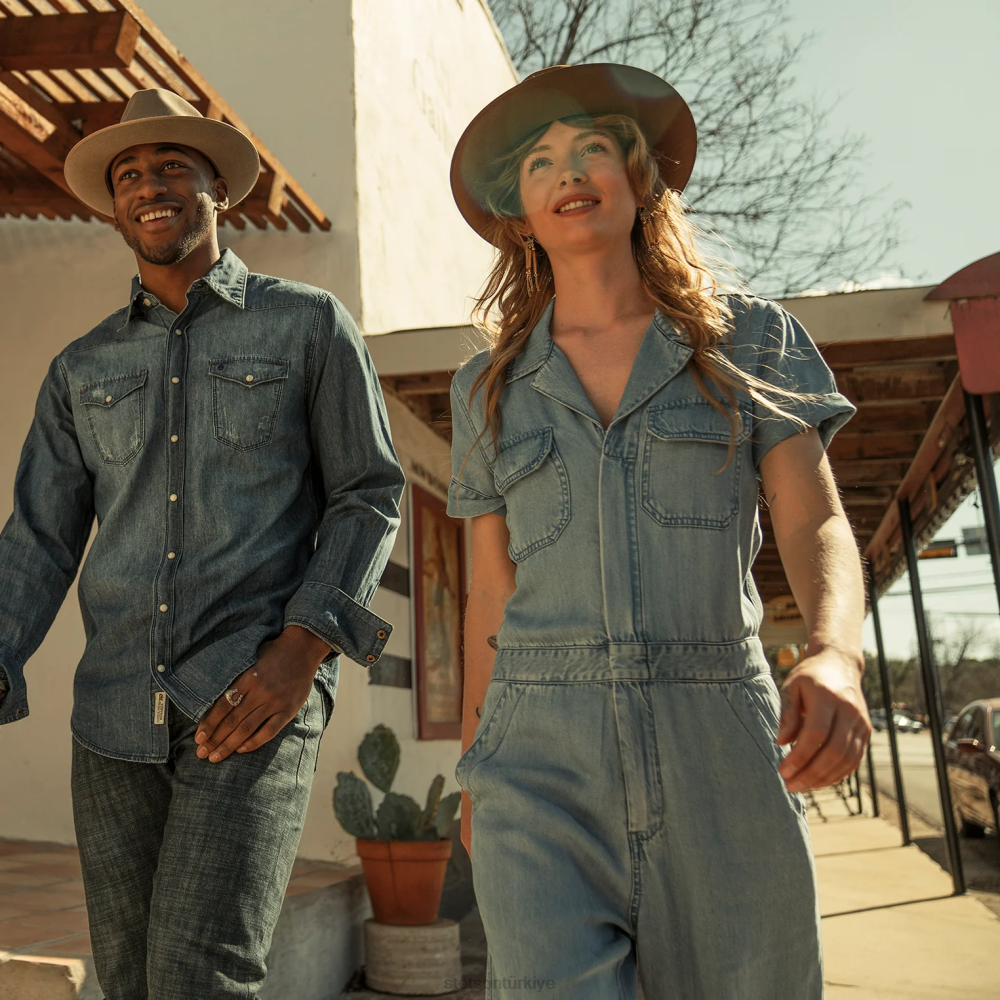 Stetson çentik yaka tulum mavi kadınlar giyim B4FZ459