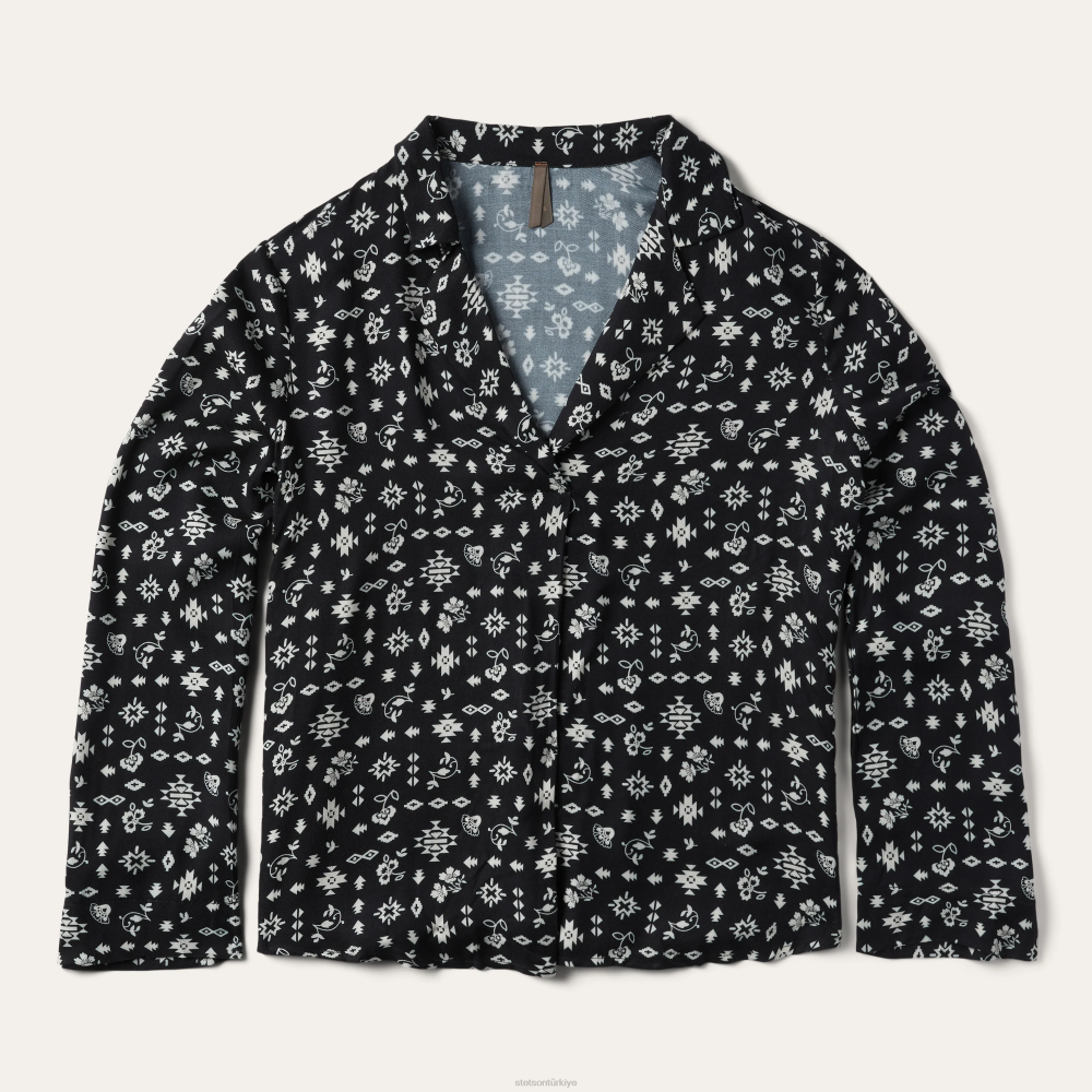 Stetson güneybatı ditzy desenli suni ipek dimi bluz siyah kadınlar giyim B4FZ442