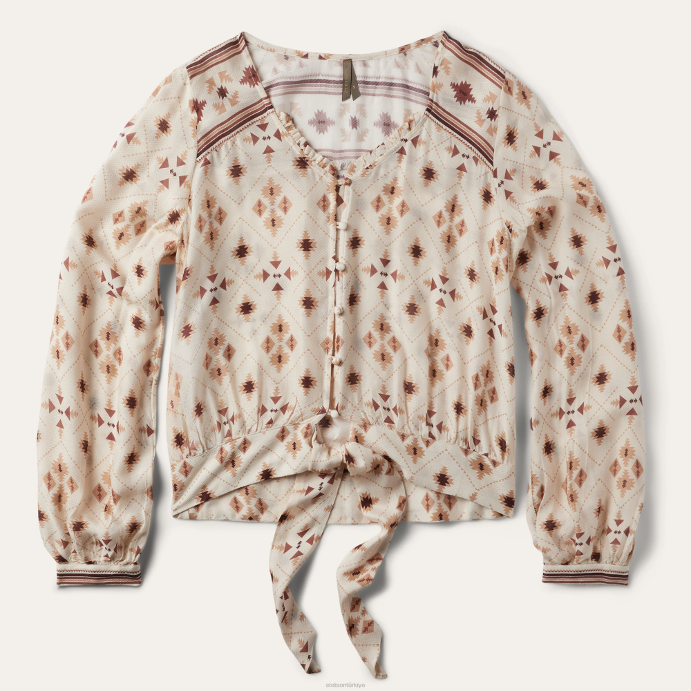 Stetson gaucho bordür desenli suni ipek balıksırtı bluz beyaz kadınlar giyim B4FZ447