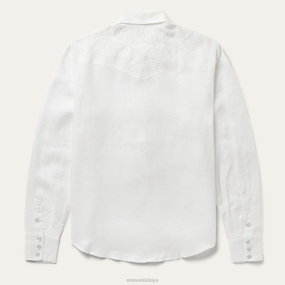 Stetson işlemeli ton şeritli keten bluz beyaz kadınlar giyim B4FZ428