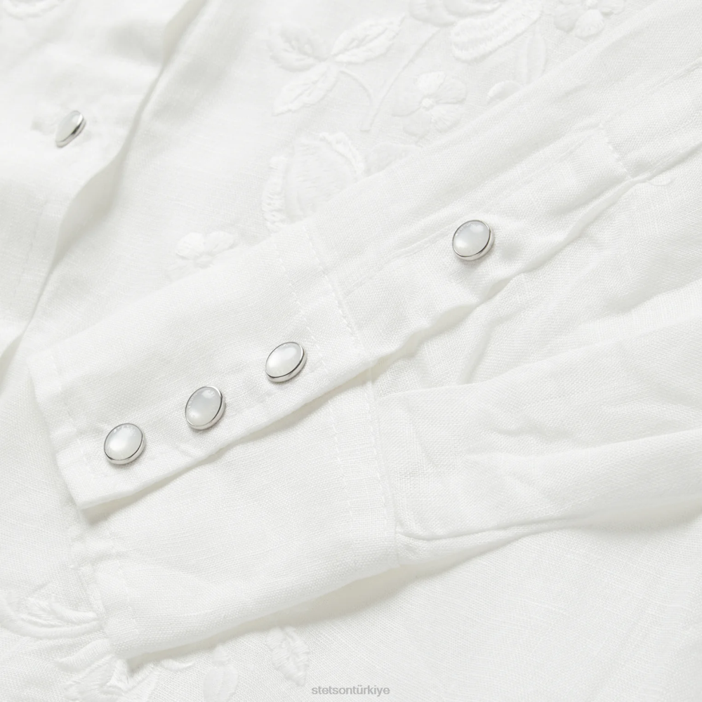 Stetson işlemeli ton şeritli keten bluz beyaz kadınlar giyim B4FZ428