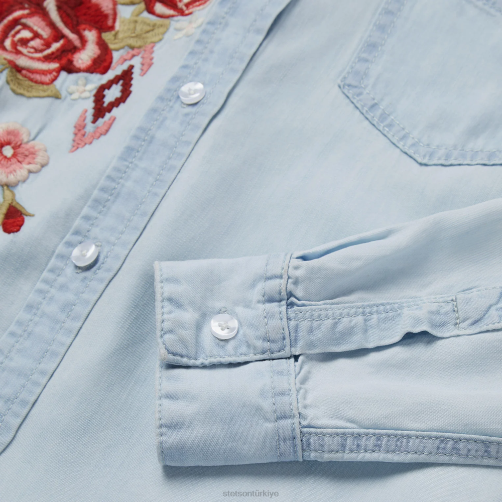 Stetson uzun kollu işlemeli bluz mavi kadınlar giyim B4FZ463